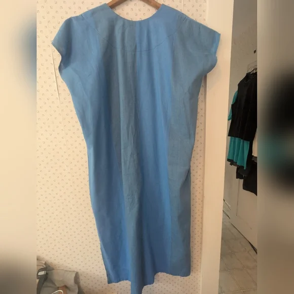 💙 Linen Blue 2X Women's Dress Kaftan Embroidery Side Slit Handmade By H - Picture 5 of 10